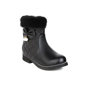 Women's Lattice Pu Leather Furry Pearls Bow Tie Short Boots