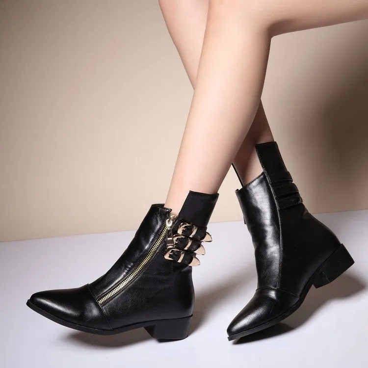 Women's Pointed Toe Buckle Belt Low Heels Short Boots