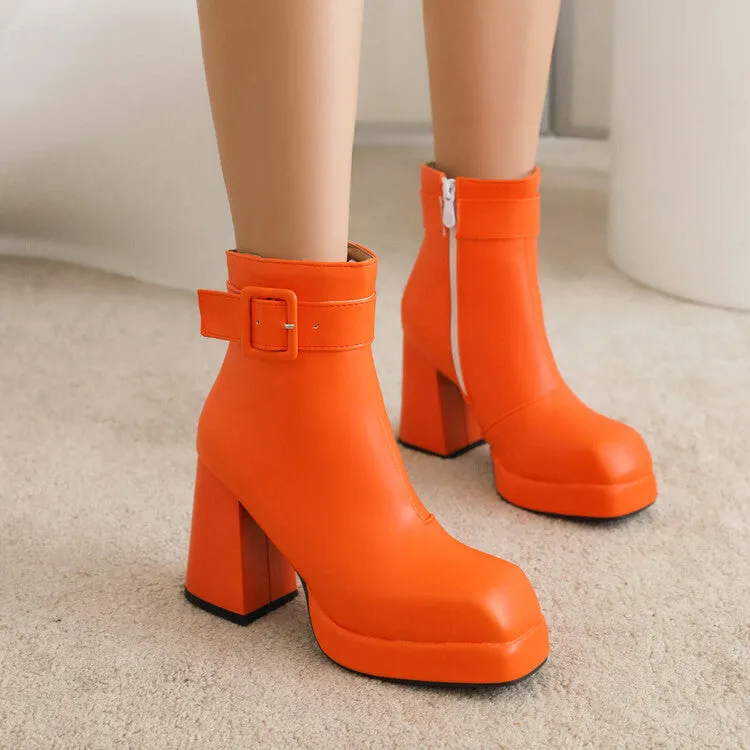 Women's Square Toe Side Zippers Block Chunky Heel Platform Buckle Straps Short Boots