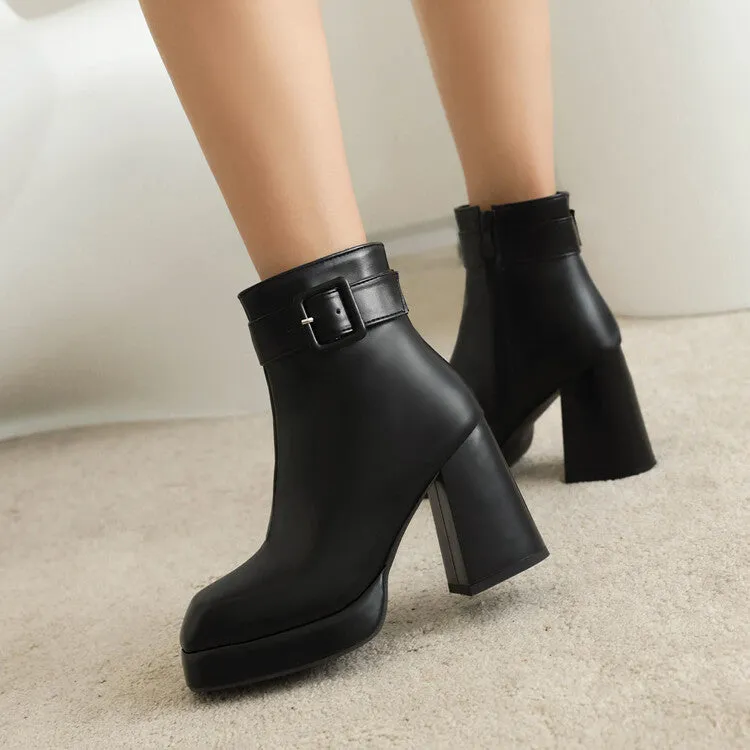 Women's Square Toe Side Zippers Block Chunky Heel Platform Buckle Straps Short Boots