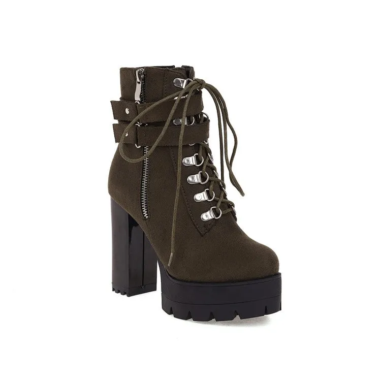 Women's Suede Round Toe Tied Belts Side Zippers Buckles Chunky Heel Platform Short Boots