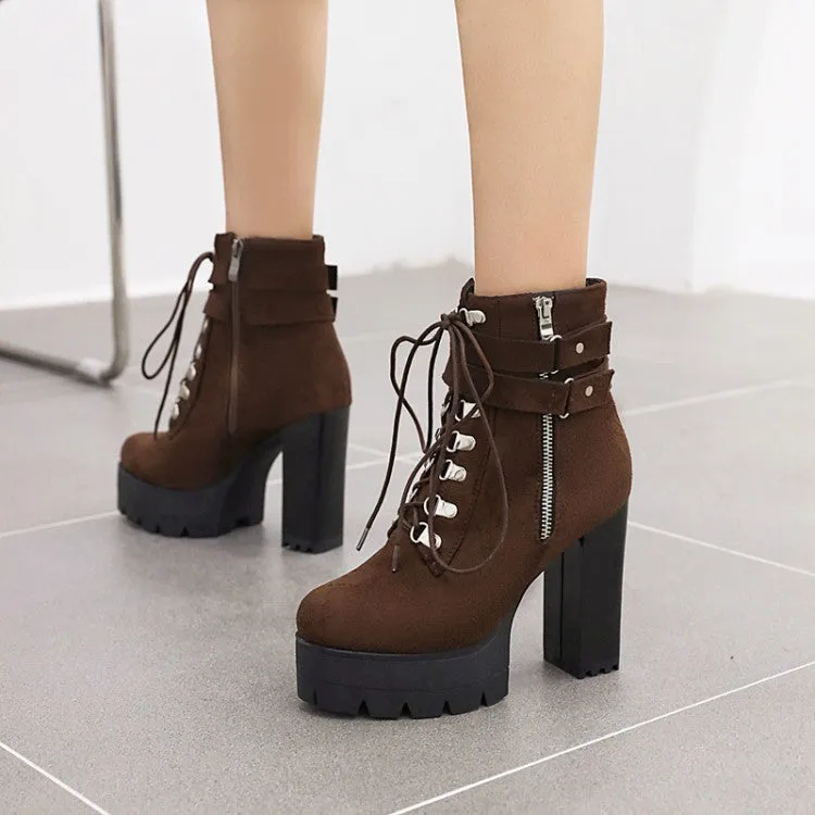 Women's Suede Round Toe Tied Belts Side Zippers Buckles Chunky Heel Platform Short Boots