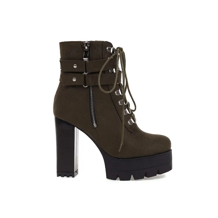 Women's Suede Round Toe Tied Belts Side Zippers Buckles Chunky Heel Platform Short Boots