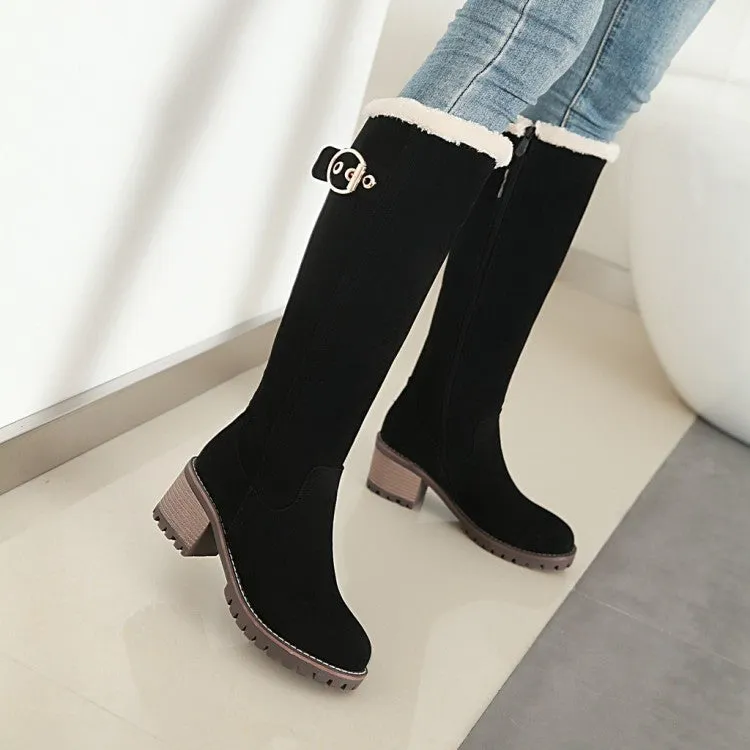 Women's Suede Stitching Buckles Belts Fur Block Heel Platform Knee High Boots