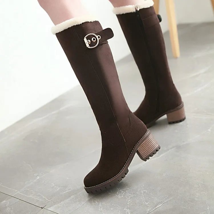 Women's Suede Stitching Buckles Belts Fur Block Heel Platform Knee High Boots