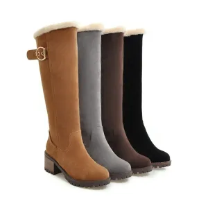 Women's Suede Stitching Buckles Belts Fur Block Heel Platform Knee High Boots