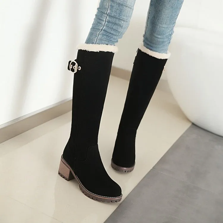 Women's Suede Stitching Buckles Belts Fur Block Heel Platform Knee High Boots