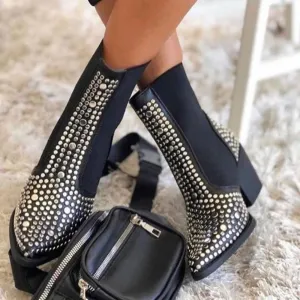 Womens's elastic black rivets ankle boots pointed toe square block heel booties